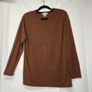 Vintage Lindsey Blake Womens Brown Henley Shirt‎ LS Casual Shoulder Pads Classic